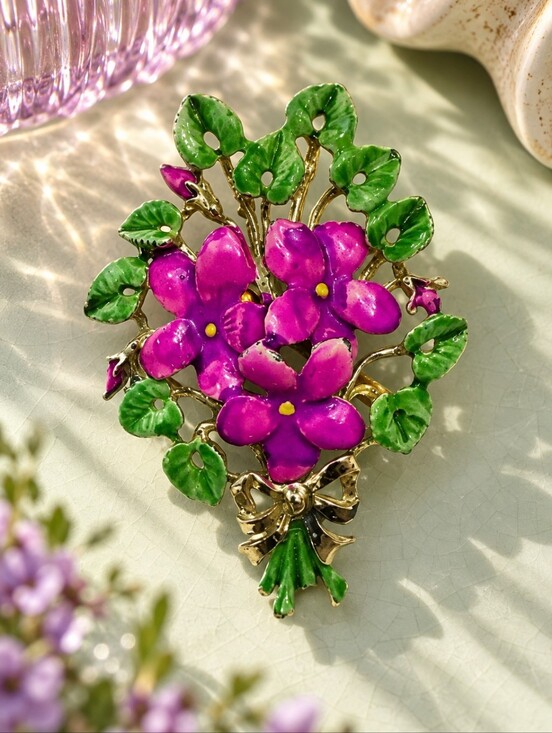 Exquisite Jewelry - Vintage Exquisite March Violet Enamel Birthday Flower Brooch England